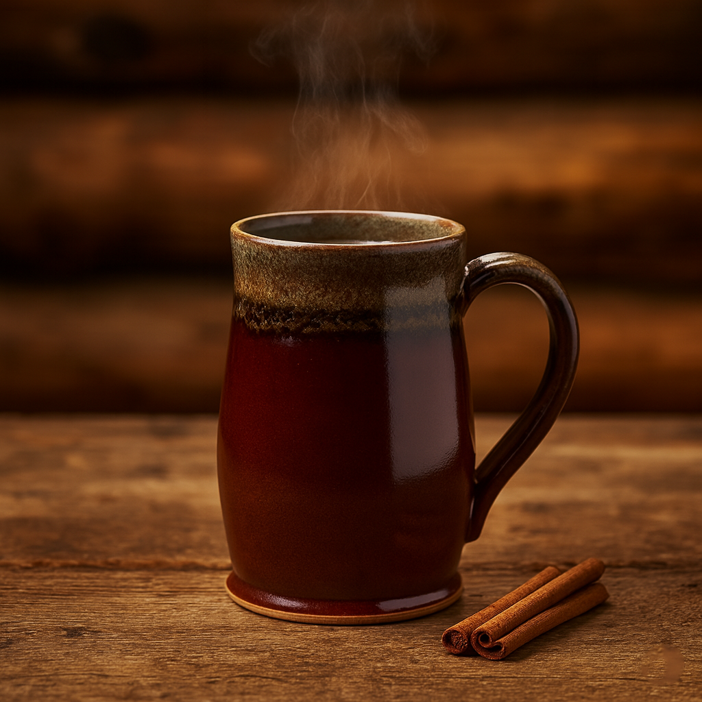Steaming mug of coffee on a wooden surface with cinnamon sticks.