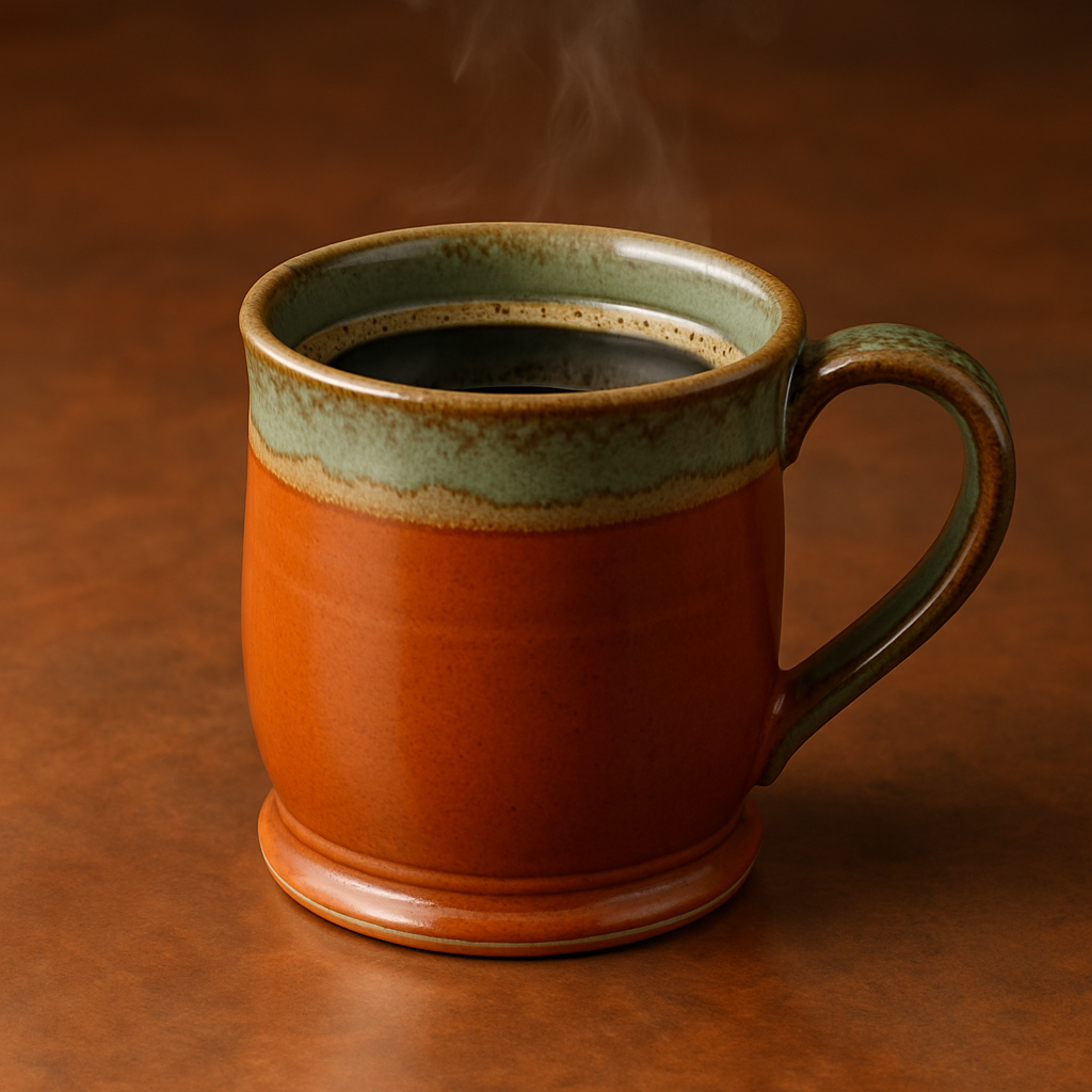 Burnt Orange ceramic mug with green interior on a brown background