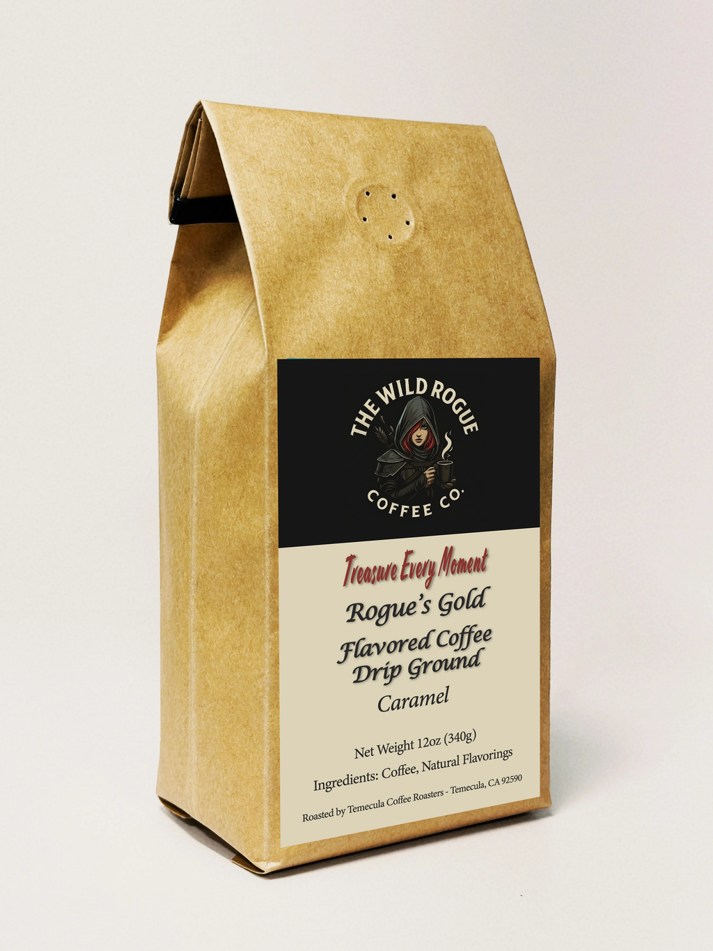 Kraft paper coffee bag with a label for The Wild Rogue Coffee Co. on a light gray background