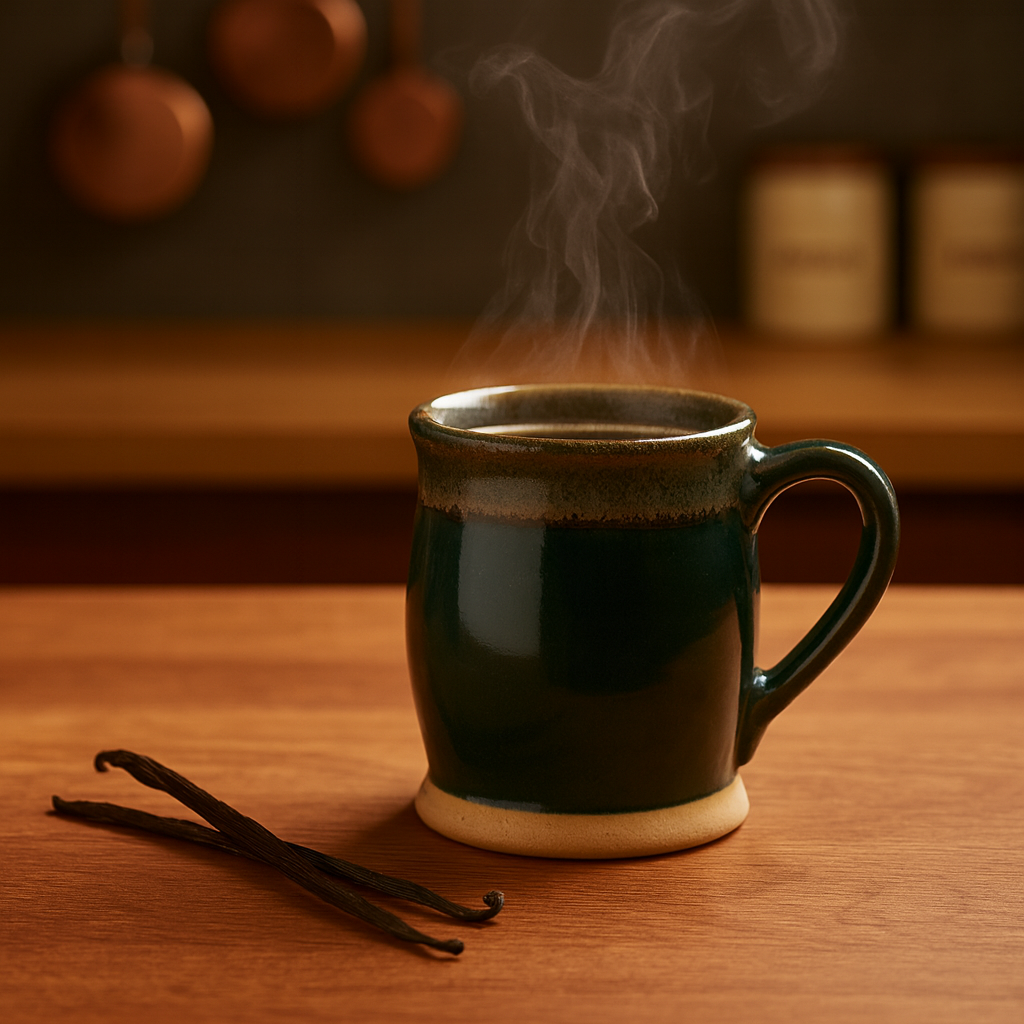 Steaming mug of hot beverage on a wooden surface with vanilla beans.